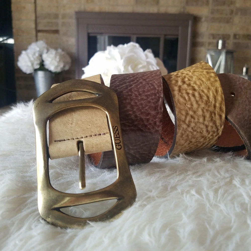 Guess Genuine Leather Ombre Brown Beige Belt with Brass Buckle Like NEW